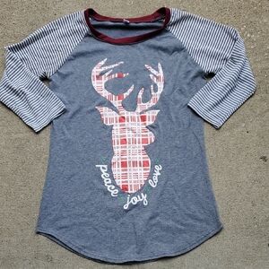 MokingTop Gray Raglan Top with Plaid Reindeer Peace Joy Love Christmas Holiday L